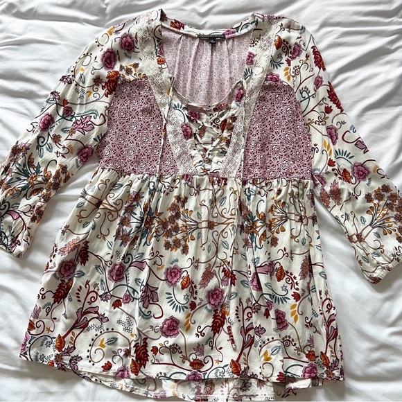 Signature Studio Boho Top Size Small Floral Print Lace Top Focal Point Tie Chest - Picture 2 of 8